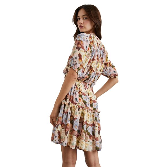 Rails Fiorella Floral Tie Neck Dress Size L Plissé Midi Short Sleeve Lined - Picture 2 of 12